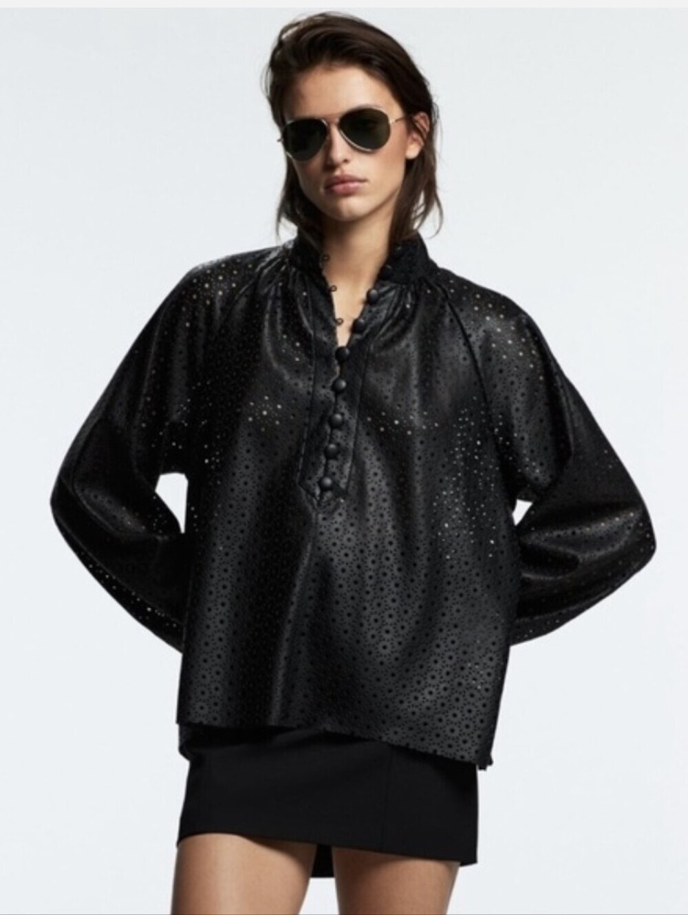 Zara Black Faux Leather Laser Cut Blouse Button High Neck Long Sleeve Top Sz.L